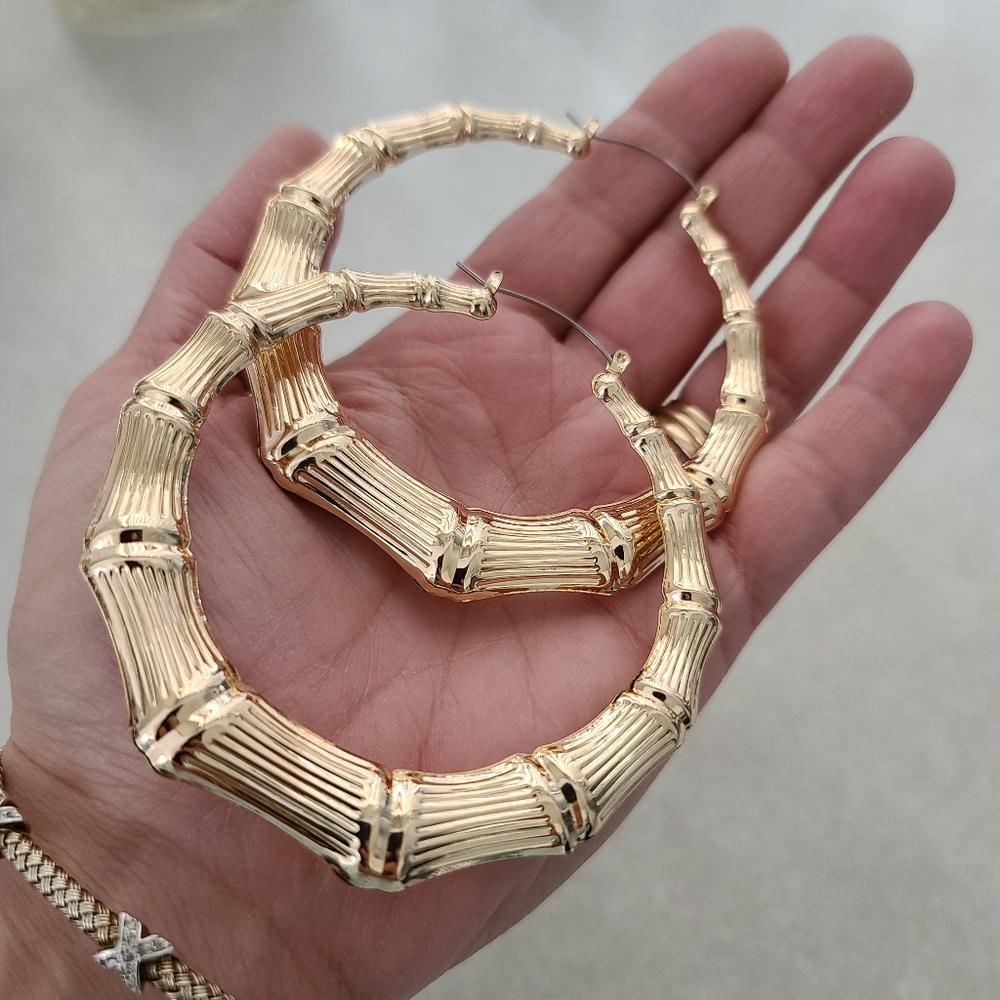 GUESS Gold Tone Bamboo Hoop Earrings 80mm 3" Door Knocker Hip Hop 90s Statement - Picture 12 of 13